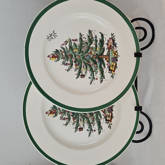 Spode Christmas Tree Vintage Green Trim Made in England 2 Dinner Plate - Picture 1 of 10